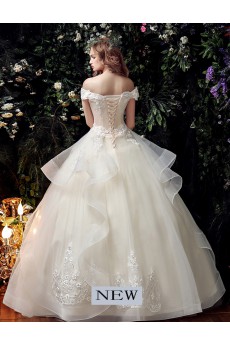 Satin, Organza, Tulle, Lace Off-the-Shoulder Floor Length Short Sleeve Ball Gown Dress with Handmade Flowers