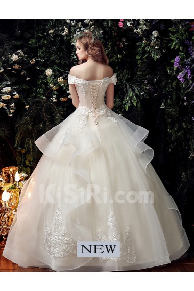 Satin, Organza, Tulle, Lace Off-the-Shoulder Floor Length Short Sleeve Ball Gown Dress with Handmade Flowers