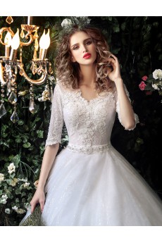 Organza, Lace V-neck Floor Length Half Sleeve Ball Gown Dress with Rhinestone