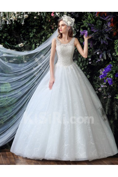 Tulle, Lace, Satin Scoop Floor Length Sleeveless Ball Gown Dress with Handmade Flowers