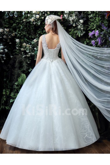 Tulle, Lace, Satin Scoop Floor Length Sleeveless Ball Gown Dress with Handmade Flowers