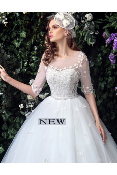 Tulle, Lace Scoop Floor Length Half Sleeve Ball Gown Dress with Handmade Flowers, Bow