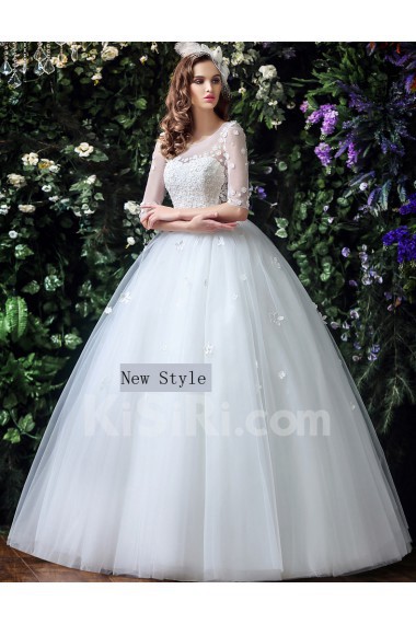 Tulle, Lace Scoop Floor Length Half Sleeve Ball Gown Dress with Handmade Flowers, Bow