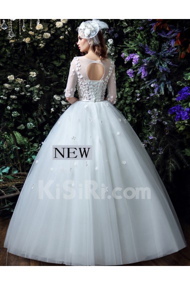 Tulle, Lace Scoop Floor Length Half Sleeve Ball Gown Dress with Handmade Flowers, Bow