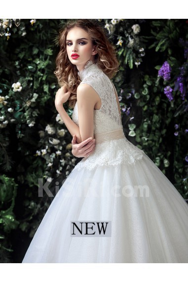 Tulle, Lace High Collar Floor Length Sleeveless Ball Gown Dress with Sequins