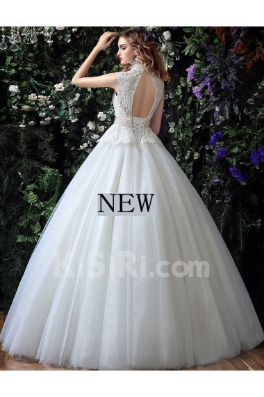 Tulle, Lace High Collar Floor Length Sleeveless Ball Gown Dress with Sequins