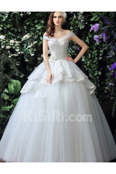 Tulle, Lace Off-the-Shoulder Floor Length Ball Gown Dress with Beads