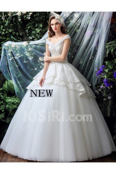 Tulle, Lace Off-the-Shoulder Floor Length Ball Gown Dress with Beads