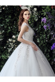 Tulle, Lace Scoop Floor Length Cap Sleeve Ball Gown Dress with Rhinestone