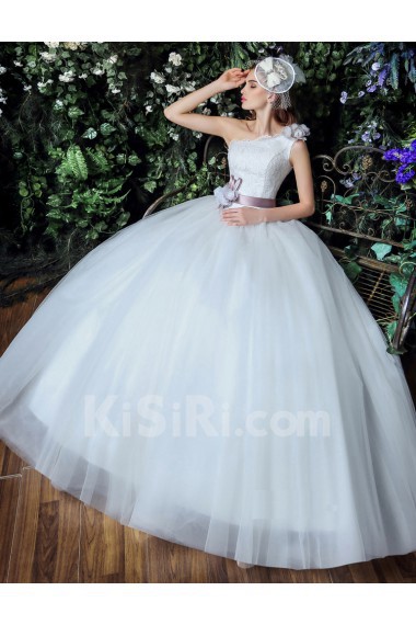 Tulle, Lace, Satin One-shoulder Floor Length Sleeveless Ball Gown Dress with Handmade Flowers