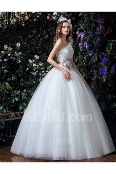 Tulle, Lace, Satin One-shoulder Floor Length Sleeveless Ball Gown Dress with Handmade Flowers