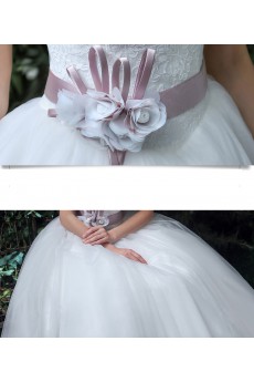 Tulle, Lace, Satin One-shoulder Floor Length Sleeveless Ball Gown Dress with Handmade Flowers