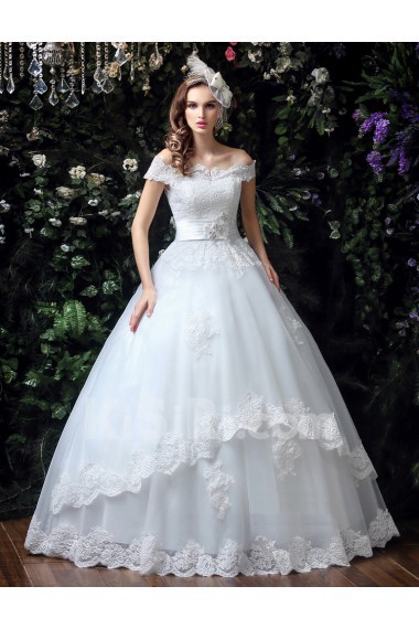 Tulle, Lace, Satin Off-the-Shoulder Floor Length Ball Gown Dress with Rhinestone