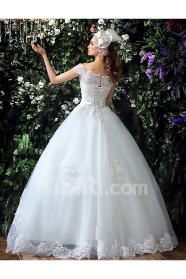 Tulle, Lace, Satin Off-the-Shoulder Floor Length Ball Gown Dress with Rhinestone