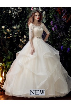 Organza, Lace Scoop Floor Length Half Sleeve Ball Gown Dress with Bead, Rhinestone