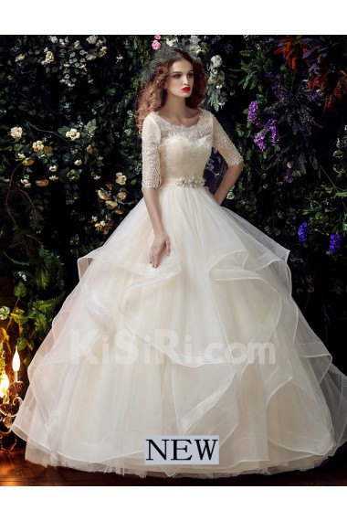 Organza, Lace Scoop Floor Length Half Sleeve Ball Gown Dress with Bead, Rhinestone