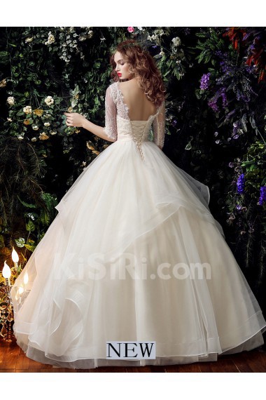 Organza, Lace Scoop Floor Length Half Sleeve Ball Gown Dress with Bead, Rhinestone