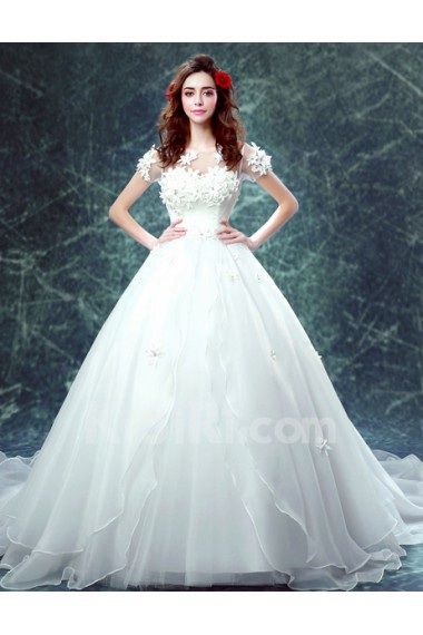 Tulle, Satin Jewel Chapel Train Short Sleeve Ball Gown Dress with Handmade Flowers, Rhinestone