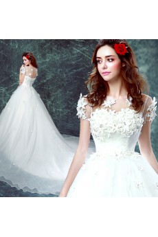 Tulle, Satin Jewel Chapel Train Short Sleeve Ball Gown Dress with Handmade Flowers, Rhinestone