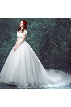 Tulle, Satin Jewel Chapel Train Short Sleeve Ball Gown Dress with Handmade Flowers, Rhinestone