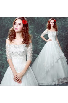 Tulle, Lace Off-the-Shoulder Sweep Train Half Sleeve Ball Gown Dress with Sequins