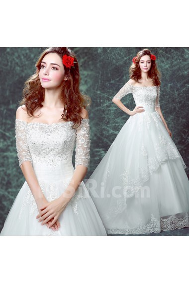 Tulle, Lace Off-the-Shoulder Sweep Train Half Sleeve Ball Gown Dress with Sequins