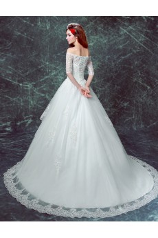 Tulle, Lace Off-the-Shoulder Sweep Train Half Sleeve Ball Gown Dress with Sequins