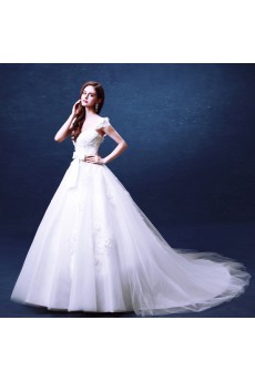 Lace, Organza V-neck Chapel Train Cap Sleeve Ball Gown Dress with Bow