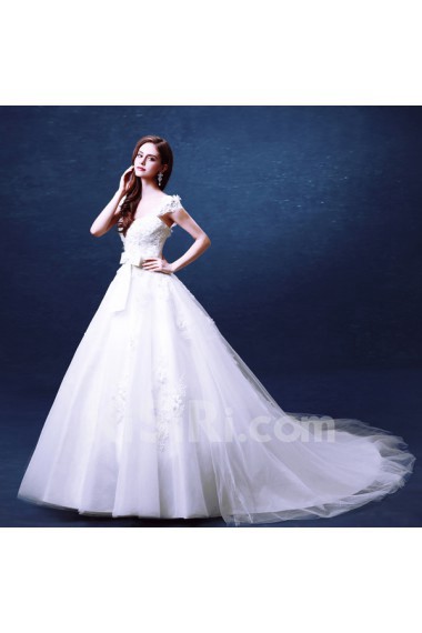 Lace, Organza V-neck Chapel Train Cap Sleeve Ball Gown Dress with Bow