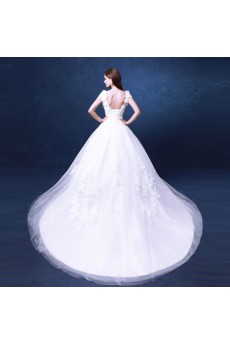 Lace, Organza V-neck Chapel Train Cap Sleeve Ball Gown Dress with Bow