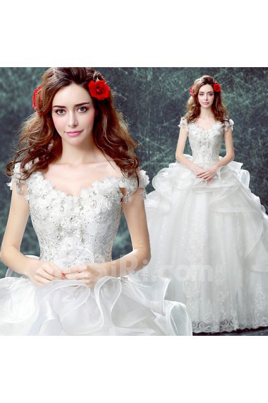 Lace, Organza Off-the-Shoulder Floor Length Ball Gown Dress with Rhinestone