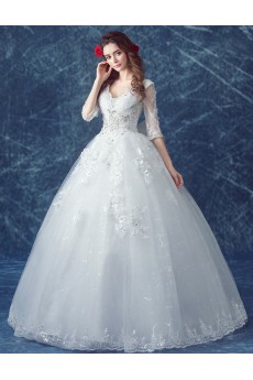 Tulle V-neck Floor Length Half Sleeve Ball Gown Dress with Sequins, Bow