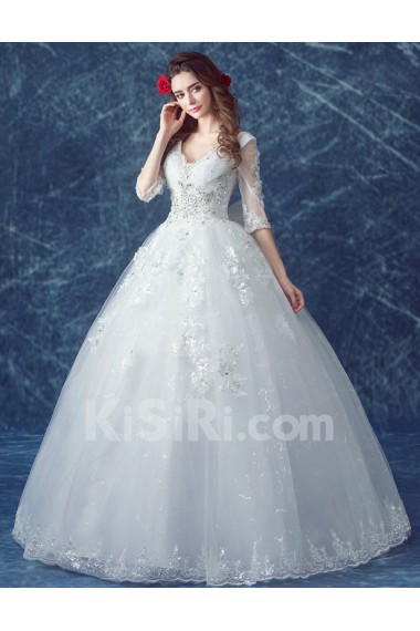 Tulle V-neck Floor Length Half Sleeve Ball Gown Dress with Sequins, Bow