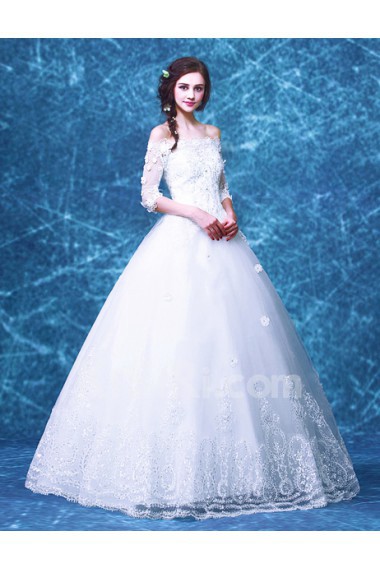 Organza Off-the-Shoulder Floor Length Half Sleeve Ball Gown Dress with Sequins