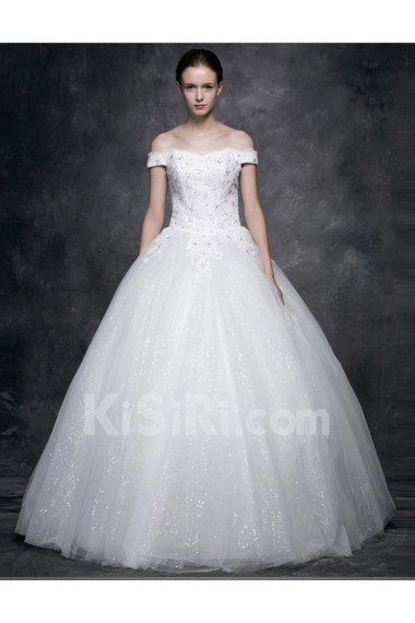 Lace, Satin, Tulle Off-the-Shoulder Floor Length Ball Gown Dress with Sequins