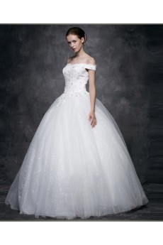 Lace, Satin, Tulle Off-the-Shoulder Floor Length Ball Gown Dress with Sequins