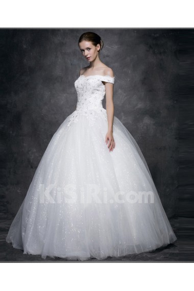 Lace, Satin, Tulle Off-the-Shoulder Floor Length Ball Gown Dress with Sequins