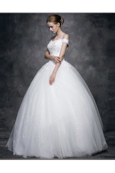 Lace, Satin, Tulle Off-the-Shoulder Floor Length Ball Gown Dress with Sequins