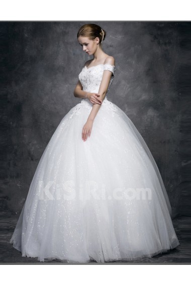 Lace, Satin, Tulle Off-the-Shoulder Floor Length Ball Gown Dress with Sequins