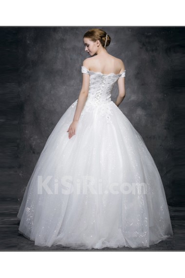 Lace, Satin, Tulle Off-the-Shoulder Floor Length Ball Gown Dress with Sequins