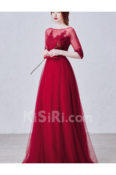 Lace, Tulle Scoop Floor Length Half Sleeve A-line Dress with Flower, Bow