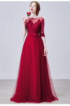 Lace, Tulle Scoop Floor Length Half Sleeve A-line Dress with Flower, Bow