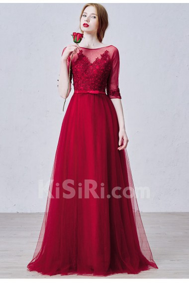 Lace, Tulle Scoop Floor Length Half Sleeve A-line Dress with Flower, Bow