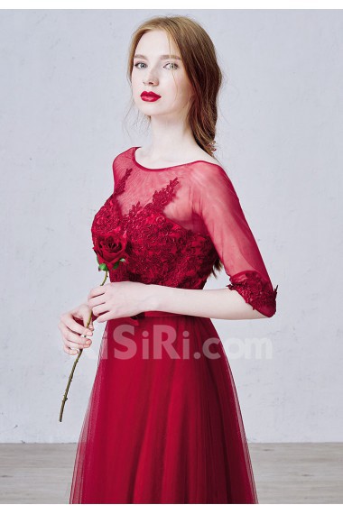 Lace, Tulle Scoop Floor Length Half Sleeve A-line Dress with Flower, Bow