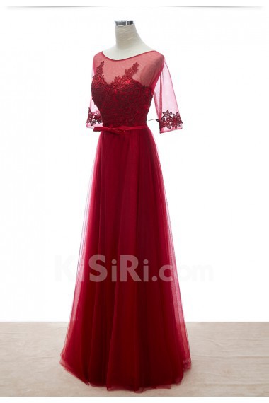 Lace, Tulle Scoop Floor Length Half Sleeve A-line Dress with Flower, Bow