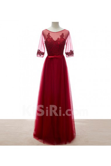 Lace, Tulle Scoop Floor Length Half Sleeve A-line Dress with Flower, Bow