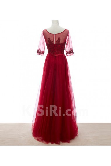 Lace, Tulle Scoop Floor Length Half Sleeve A-line Dress with Flower, Bow