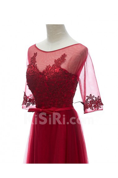 Lace, Tulle Scoop Floor Length Half Sleeve A-line Dress with Flower, Bow