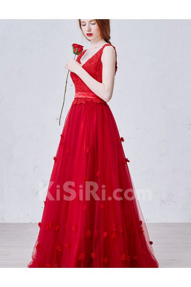 Lace, Satin, Tulle V-neck Floor Length Sleeveless A-line Dress with Bead, Handmade Flowers