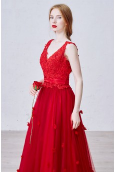 Lace, Satin, Tulle V-neck Floor Length Sleeveless A-line Dress with Bead, Handmade Flowers